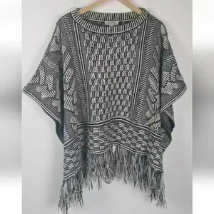 NWT World Market Women's One Size Black & Ivory Woven Knit Fringe Poncho/Cape